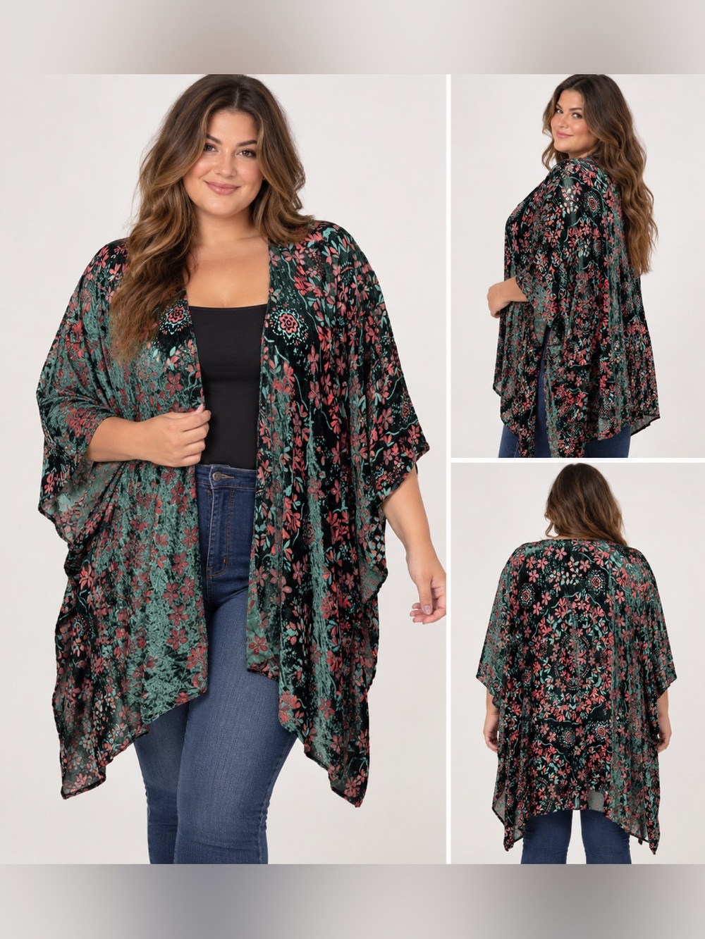 Torrid Floral Kimono Pink Green One Size Boho Open Front Cover Up